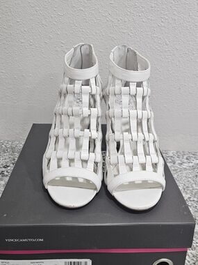 Vince Camuto White Woven Peep-Toe Ankle Sandals